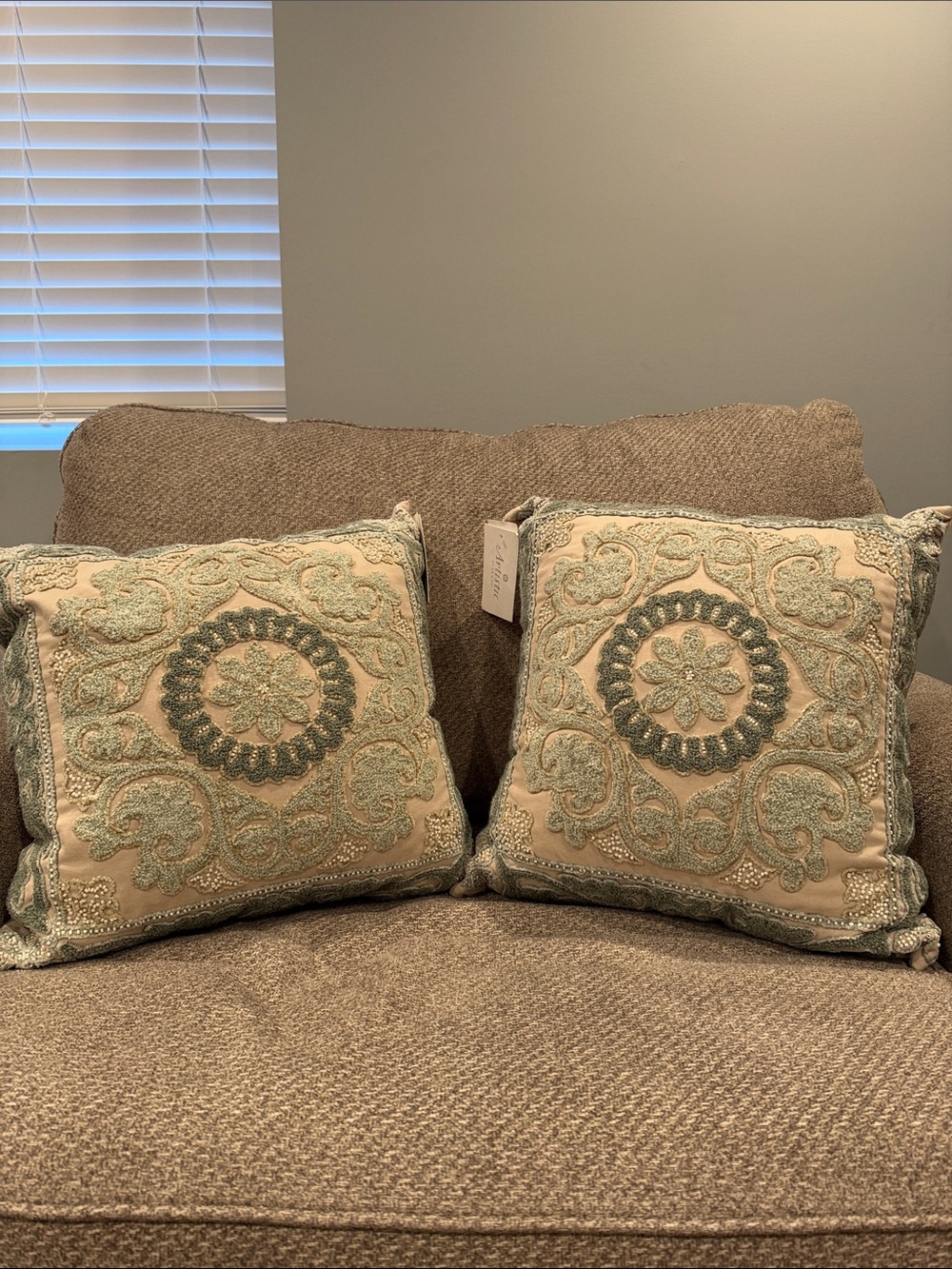 Embroidered Sage and Cream Medallion Accent Pillows - Pair